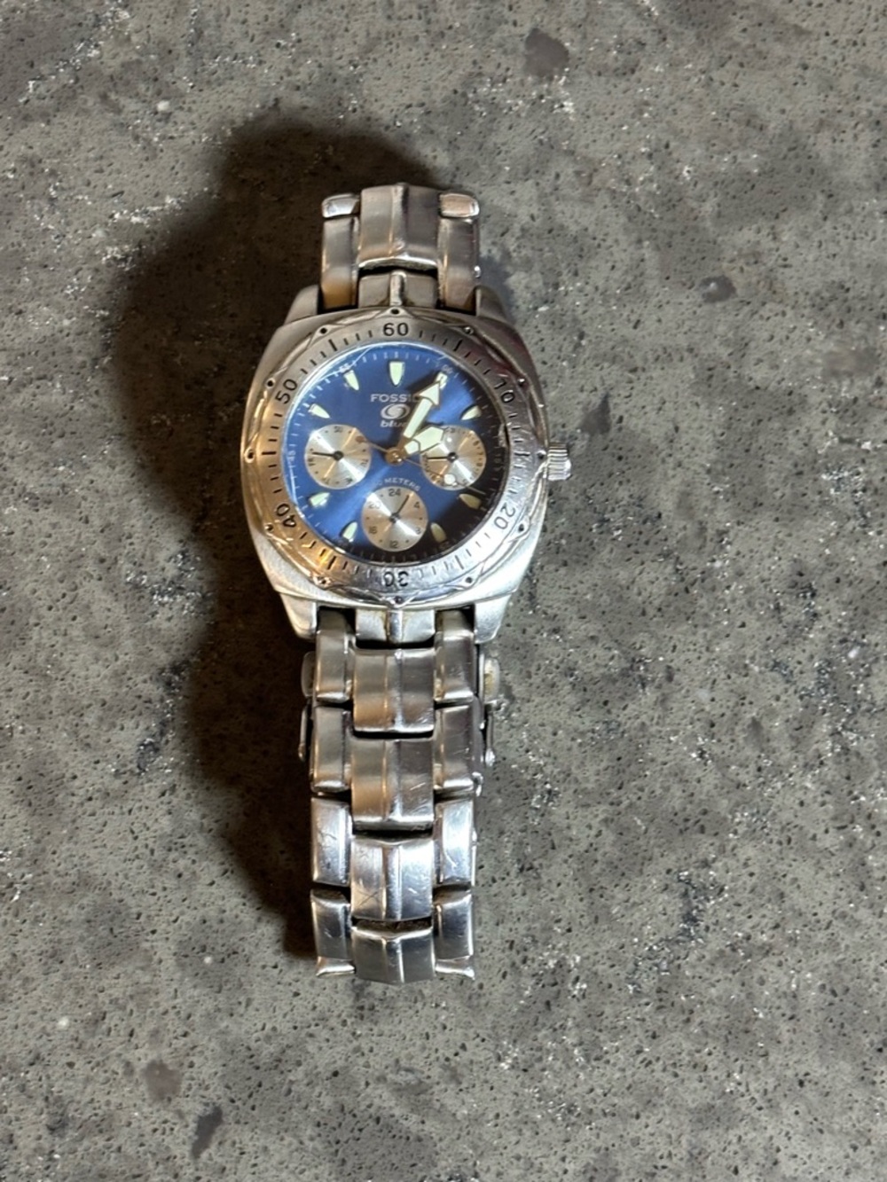Fossil Silver Watch with Blue Sunburst Dial
